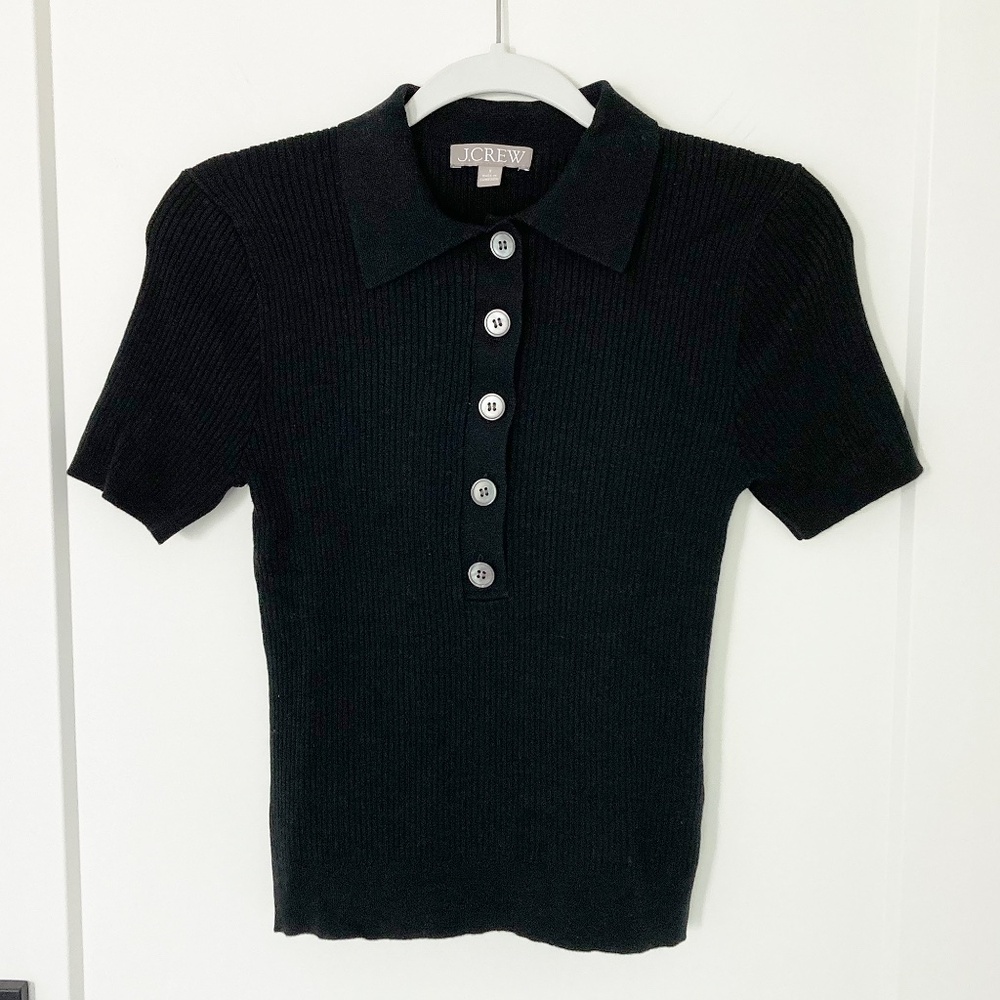 J Crew Black Ribbed TENCEL Lyocell-Blend Short-Sleeve Polo Sweater - S